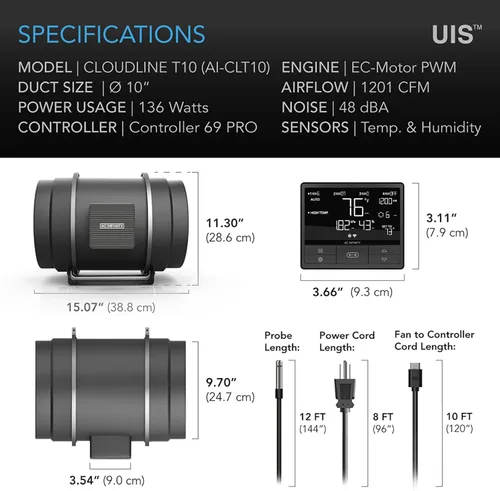 Vista 6 de AC Infinity CLOUDLINE PRO T10, ventilador de conducto en línea silencioso de 10 pulgadas con controlador de temperatura, humedad y VPD, control