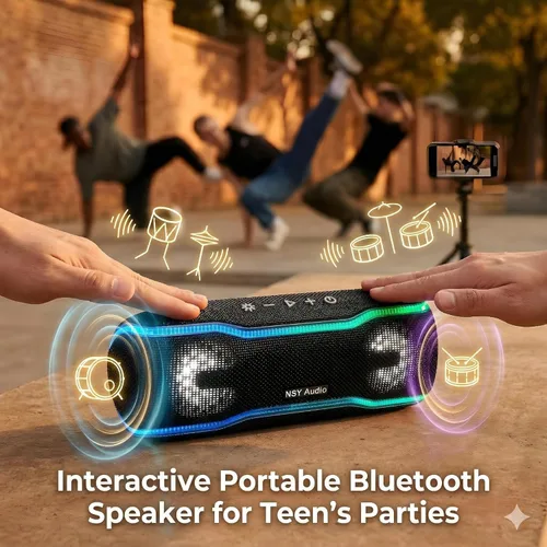 Vista 3 de Altavoz Bluetooth impermeable IPX7, tiempo de reproducción de 24 horas, luces LED, altavoz inalámbrico al aire libre para piscina, playa, ducha, azul