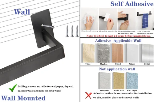 Vista 4 de Barra de Toalla de Baño Autoadhesiva, Toallero sin Perforación Fácil de Instalar, Soporte de Toalla de Mano Hecho de Acero Inoxidable Premium