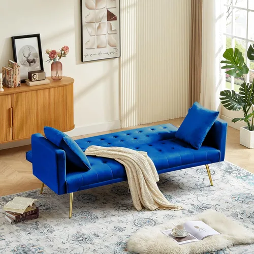 Vista 21 de Sofá cama moderno de terciopelo de 72 pulgadas, sofá cama plegable convertible con 3 respaldos ajustables, sofá biplaza reclinable copetudo