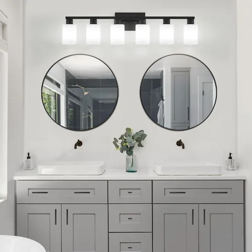 Vista 21 de Lámpara de tocador de baño de 6 luces, lámpara de níquel cepillado con pantallas de vidrio esmerilado blanco lechoso, iluminación grande sobre