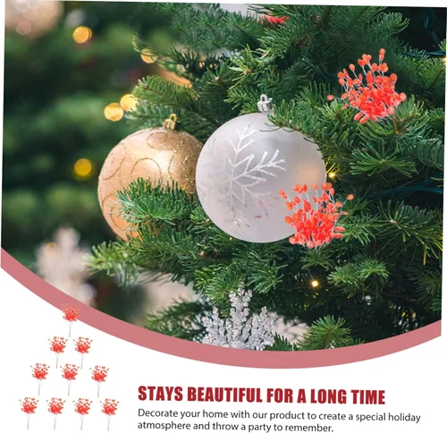 Vista 8 de 100 piezas de esquejes de árbol de Navidad, coronas de Navidad, palitos artificiales de cuentas florales, tallos de Navidad, adornos de árbol