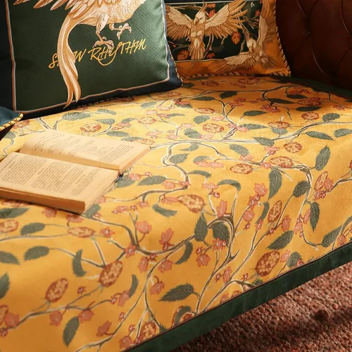 Vista 4 de patdrea Funda de sofá de diseño, fundas de terciopelo amarillo floral para banco de cama seccional, fundas de banco de cama de lujo, funda