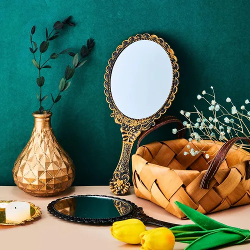 Vista 4 de Jetec Espejos de mano vintage, 2 piezas, negro, bronce, forma ovalada, portátiles, compactos, con asa, ideal para maquillaje, peinado del cabello