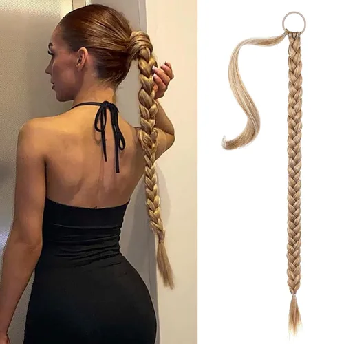 Vista 93 de SEIKEA Extensión de cola de caballo de trenza larga mejorada con lazo elástico, lacio, elegante extensiones de cabello trenzado envolvente