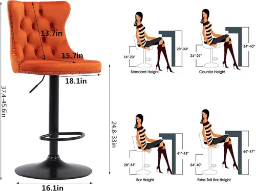 Vista 23 de Aoowow Juego de 2 taburetes de bar giratorios, taburetes de bar ajustables con respaldo de terciopelo copetudo, sillas de bar modernas tapizadas