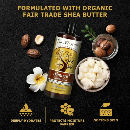 Vista 4 de Dr. Woods Jabón líquido de castilla de almendras – Jabón de Castilla con aceite de almendras puro, gel de baño para hombres y mujeres, manteca