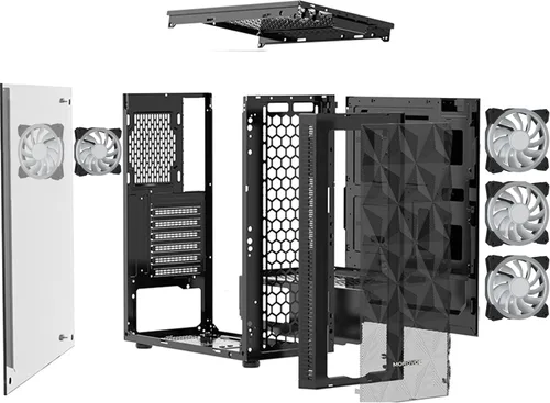 Vista 12 de MOROVOL Carcasa para PC con 4 ventiladores RGB preinstalados, carcasa de computadora ATX para juegos con malla frontal en forma de diamante y panel