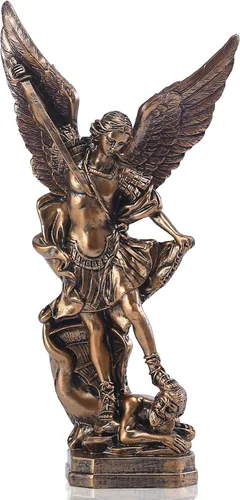 QIANLING Estatua de San Miguel Arcangel de 12.5 pulgadas, estatua de San Miguel en resina bronceada, figuras de la colección de San Miguel Arcángel