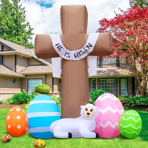 Vista 7 de Domkom Arco inflable de Pascua de 12 pies de largo para decoración al aire libre, luces LED integradas para decoración de patio, para decoración