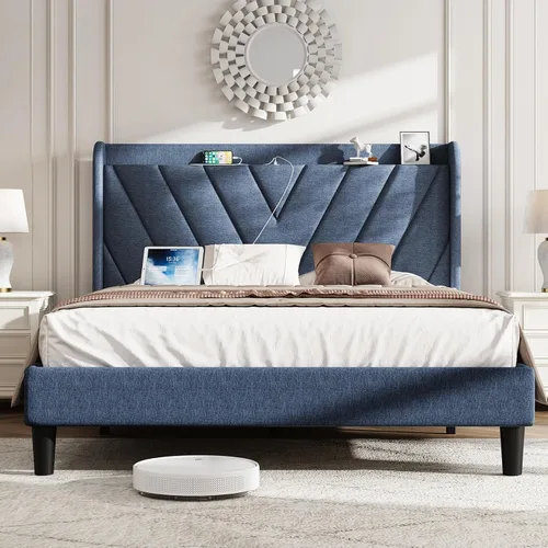 Vista 10 de koorlian Marco de cama tamaño matrimonial, Marco de cama tamaño matrimonial con cabecero, Marco de cama tapizado ajustable con puerto tipo C y USB