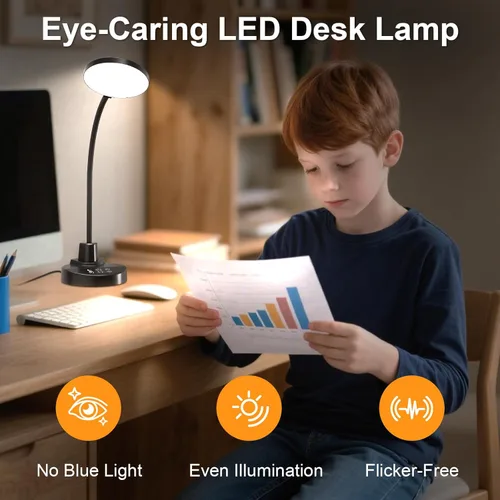Vista 3 de Lámpara de escritorio LED de 15W con puertos de carga USB – Lámpara de mesa regulable con 3 temperaturas de color, 5 niveles de brillo, 4