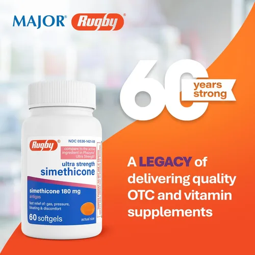 Vista 2 de Rugby Ultra Strength Simeticona Gas Relief 180 mg - Máximo alivio para adultos - Puede ayudar con síntomas de flatulencia e hinchazón - 60 cápsulas
