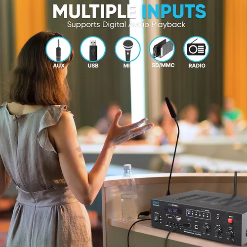 Vista 4 de Pyle Amplificador de karaoke Bluetooth de 300 W - Sistema PA de 2 canales con radio FM - USB/SD - AUX - 2 entradas de micrófono - alarma de sirena