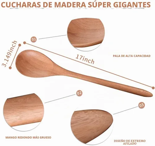 Vista 3 de Cuchara de Madera Gigante - Cucharón Grande de Esquina de 17 pulgadas, en Ángulo Recto, Cucharón de Cocina con Mango Largo Cómodo para Servir