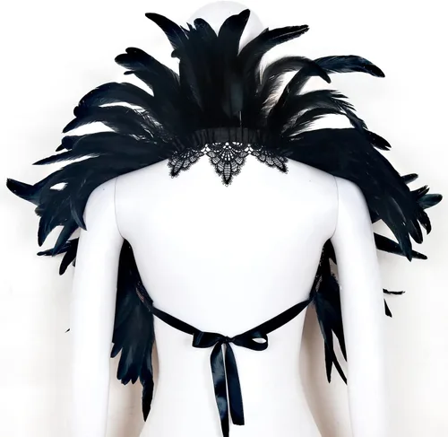 Vista 5 de L'VOW Abrigo de plumas negras para mujer, con cuello de encaje, para Halloween, para mujer