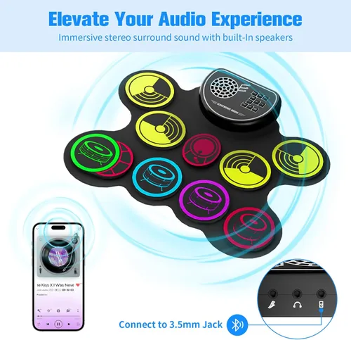 Vista 5 de Juego de batería electrónica, 10 almohadillas enrollables, almohadilla de práctica con pedales de batería y palos, altavoz integrado con conector