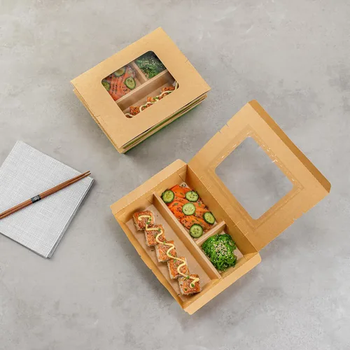 Vista 8 de Restaurantware Eco Tek - Recipientes de comida para llevar de 51 onzas, 100 cajas Bento desechables, 3 compartimentos, ventana transparente, papel
