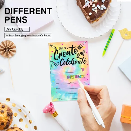 Vista 3 de EUDOSI Tie Dye Art and Craft Let's Create Painting - Invitaciones para fiesta de cumpleaños, juego de 20 con sobres, tarjetas de invitaciones