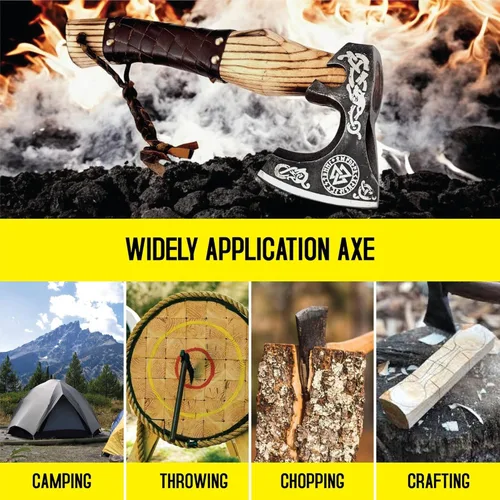 Vista 8 de Hoja de acero al carbono hecha a mano con mango de madera vikinga, caza de campamento al aire libre, hachas nórdicas, con mango envuelto en cuero