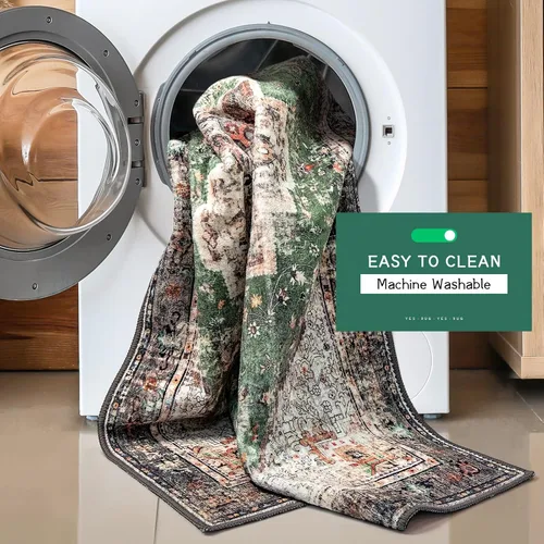 Vista 5 de Alfombras pequeñas de 2x3 pies para entrada, alfombra bohemia verde para baño, pasillo, alfombras de cocina vintage antideslizantes lavables