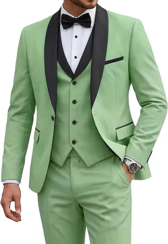 Vista 34 de Conjunto de esmoquin de 3 piezas para hombre con corbatín, ajuste delgado, un botón, chal, solapa, traje, chaqueta, chaleco, pantalones, para bodas