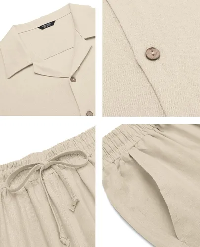 Vista 5 de COOFANDY Conjunto de 2 piezas de lino para hombre, camisa con botones y pantalones sueltos casuales