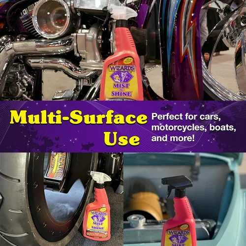 Vista 4 de Wizards Mist-N-Shine - Espray para detalles de alto brillo sin agua de 8 oz - Espray multiusos para limpieza rápida de vidrio, cromo, pintura