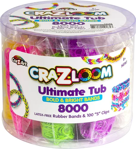 Cra Z Art Cra-Z-Loom Ultimate Tub 8000 bandas de goma sin látex y 100 clips en "S" para hacer manualidades en colores llamativos y brillantes,