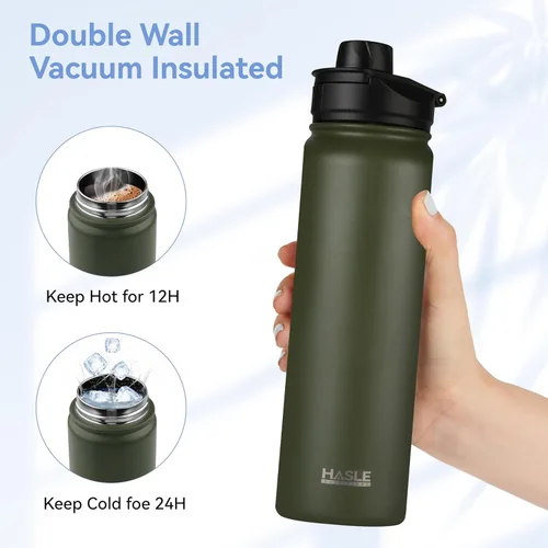 Vista 4 de HASLE OUTFITTERS Botella de agua aislada de 22 onzas, botella de agua de acero inoxidable de doble pared de boca ancha con tapa de popote y tapa