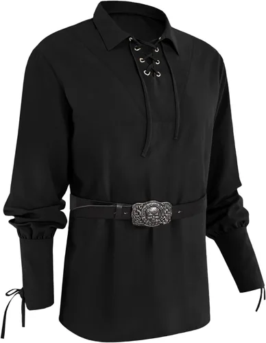 Camisas de pirata vikingo medieval para hombre, disfraz renacentista, tops escoceses 01 Negro