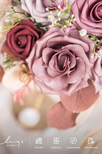 Vista 3 de Ling's moment Caja de Flores Falsas, Tallos de Vegetación Artificial Falsa, Rosas de Espuma, Eucalipto de Seda, Flor de Tela para Centros de Mesa