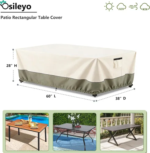 Vista 2 de 60 Inch Rectangular/Oval Patio Table Cover,Heavy Duty Waterproof Outdoor Dining Table Cover, Patio Furniture Covers, Beige