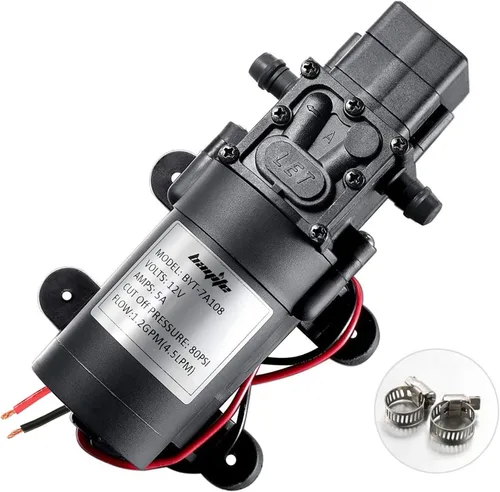 bayite Bomba de transferencia de agua de 12 V CC con 2 abrazaderas para manguera, bomba de diafragma de 12 voltios, bomba pulverizadora autocebante