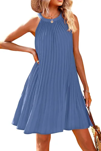 Vista 2 de SAMPEEL Vestidos de verano para mujer, casual, cuello halter, sin mangas, plisados, línea A, botón en la parte trasera con cinturón