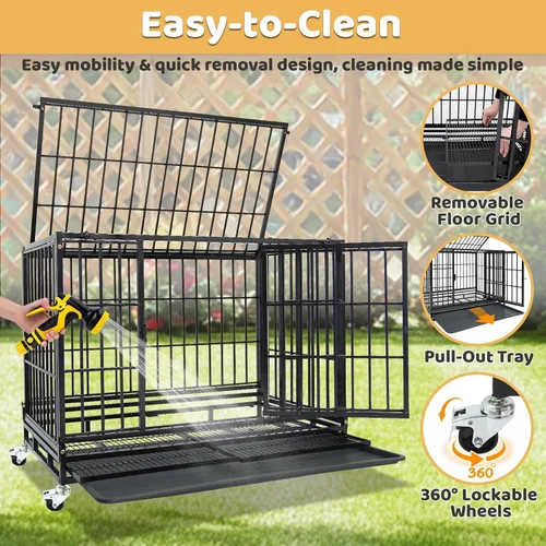 Vista 6 de Jaula apilable para perros de 36 pulgadas, resistente e indestructible, a prueba de escapes, plegable, con parte superior abierta, ruedas