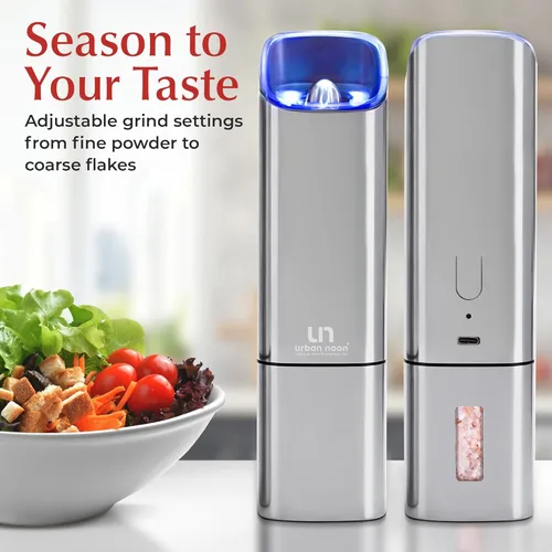 Vista 6 de Juego de Molinillo Automático de Sal y Pimienta - Saleros y Pimenteros Eléctricos Recargables con Grosor de Molido Ajustable, Luz LED, Uso con Una