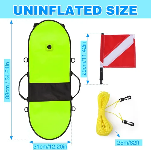 Vista 6 de Boya de pesca submarina, boya de torpedo inflable de alta visibilidad con bandera de seguridad de buceo y cuerdas de 82 pies para buceo, buceo