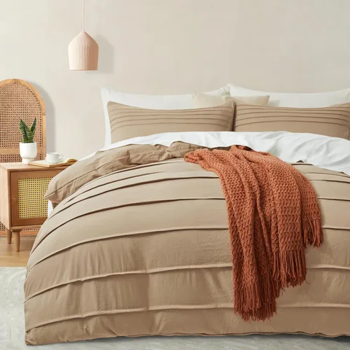Vista 15 de Oli Anderson Funda de edredón de color marrón calabaza, funda de edredón plisada tamaño King, juego de ropa de cama texturizada suave y transpirable