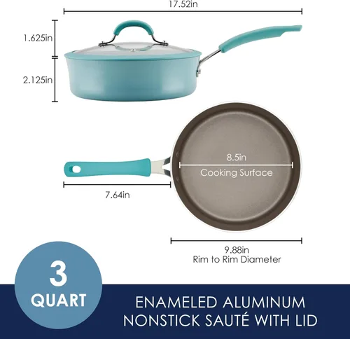 Vista 2 de Rachael Ray Cook + Create Sartén Sauté Antiadherente con Tapa, 3 Cuartos, Azul Agave