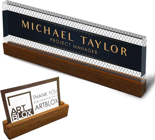 Vista 43 de Artblox - Placa de nombre personalizada para escritorio de oficina con soporte de tarjeta de presentación Cristal acrílico transparente
