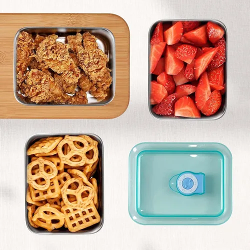 Vista 3 de 6 recipientes de alimentos de acero inoxidable 304 con tapas, apilables, contenedores para aperitivos para oficina y hogar