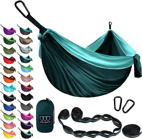 Vista 15 de Gold Armour Hamaca de camping – Hamaca doble XL, hamaca portátil, accesorios de camping, equipo para exteriores e interiores con correas de árbol