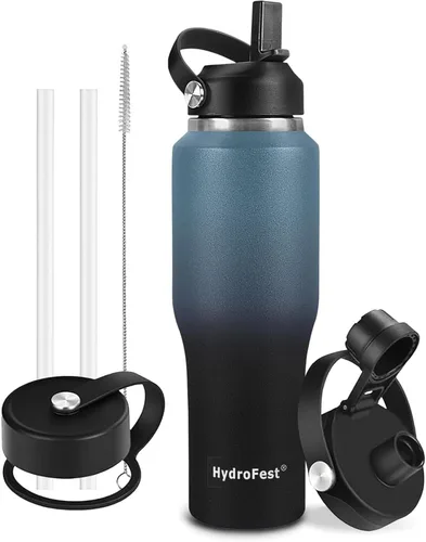 Vista 13 de Botella de agua de 32 onzas aislada con popote, botellas de agua a prueba de fugas, botella de agua para hombre, acero inoxidable para gimnasio