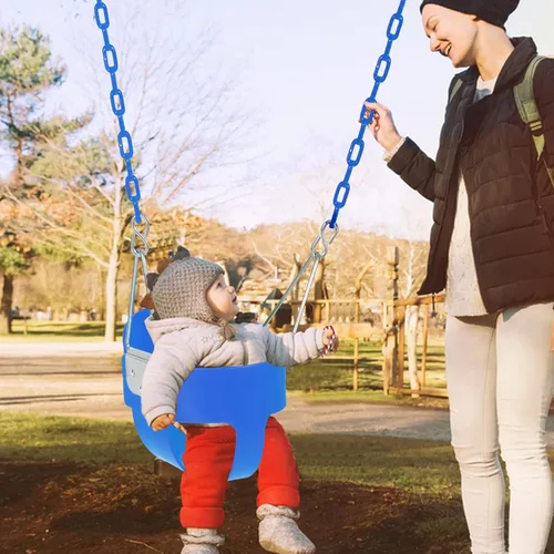 Vista 9 de asiento de columpio para niños pequeños con cadenas recubiertas, respaldo alto resistente con correas para árbol y ganchos para exteriores, parque