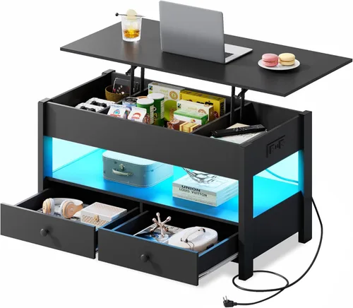 Vista 17 de WLIVE Mesa de centro con tapa elevable para sala de estar, mesa de centro pequeña con almacenamiento, estante ajustable y compartimento