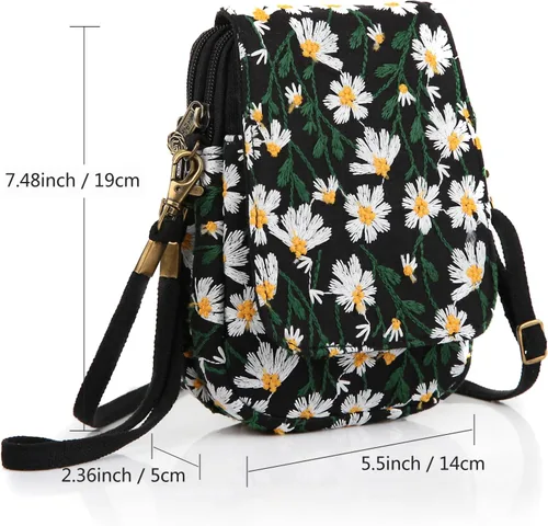 Vista 3 de SILKAREA Mini bolso cruzado bordado para mujer, bolso pequeño con correa de muñeca, cartera para teléfono celular, monedero
