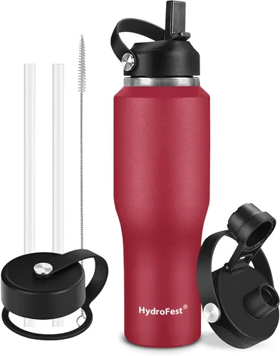 Vista 9 de Botella de agua de 32 onzas aislada con popote, botellas de agua a prueba de fugas, botella de agua para hombre, acero inoxidable para gimnasio