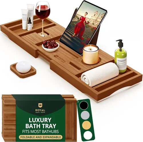Vista 14 de Royal Craft - Bandeja de bambú para bañera con soporte para libro y vino