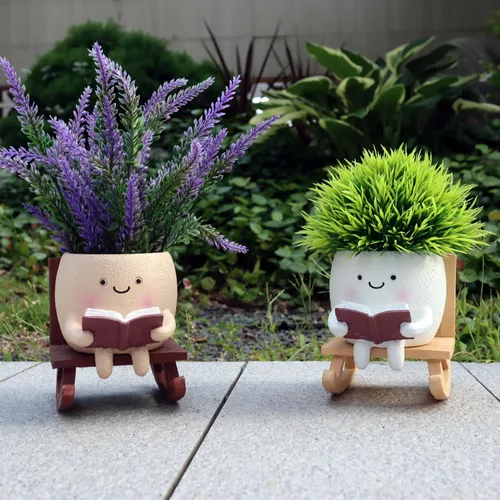 Vista 6 de Dolkgy Lindas Macetas con Cara para Suculentas, Divertida Maceta de Flores con Cabeza Leyendo en Mecedora, Maceta para Cactus con Orificio